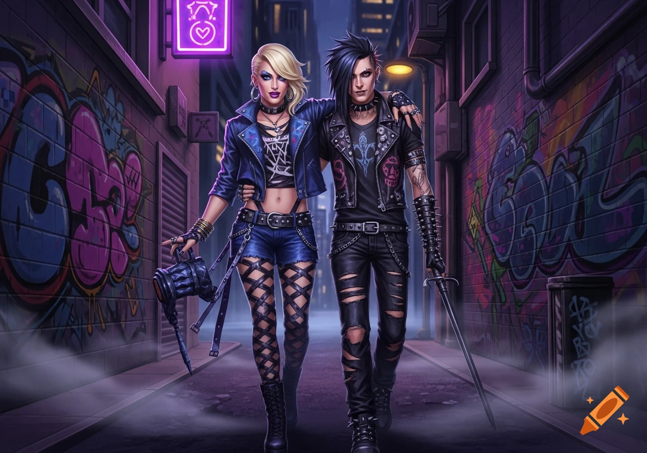 A goth punk couple, a blond woman and a dark-haired man, walk arm-in-arm in a dark, graffiti-covered alley at night, rendered in digital art.