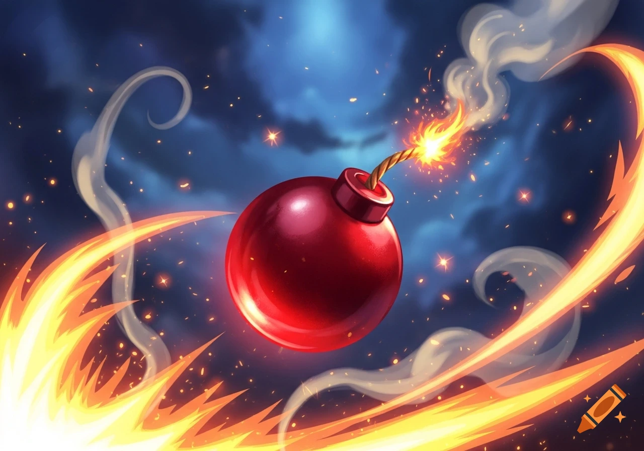 Vibrant stylized illustration of a red cherry bomb with a lit fuse, surrounded by fire and smoke against a dark blue sky.