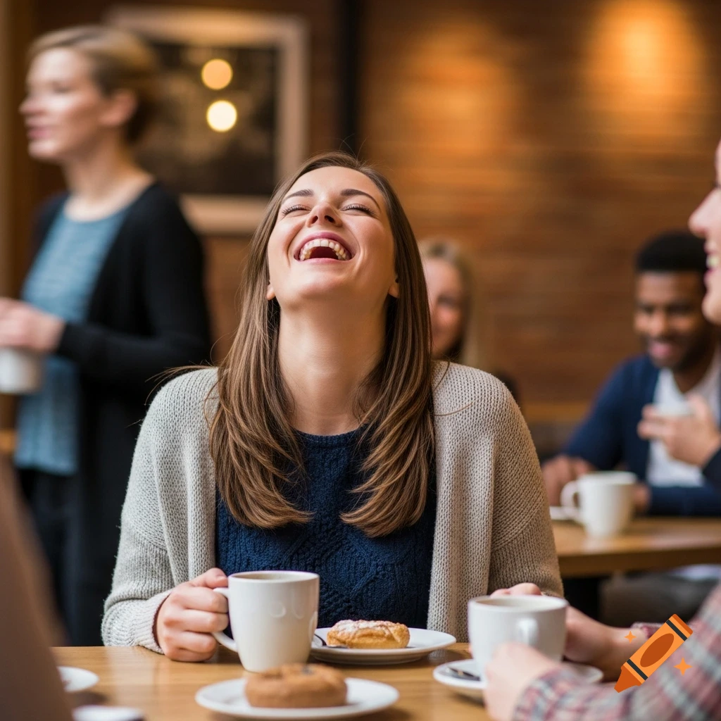 A woman laughs with her head back, holding a coffee cup at a cafe table with friends.