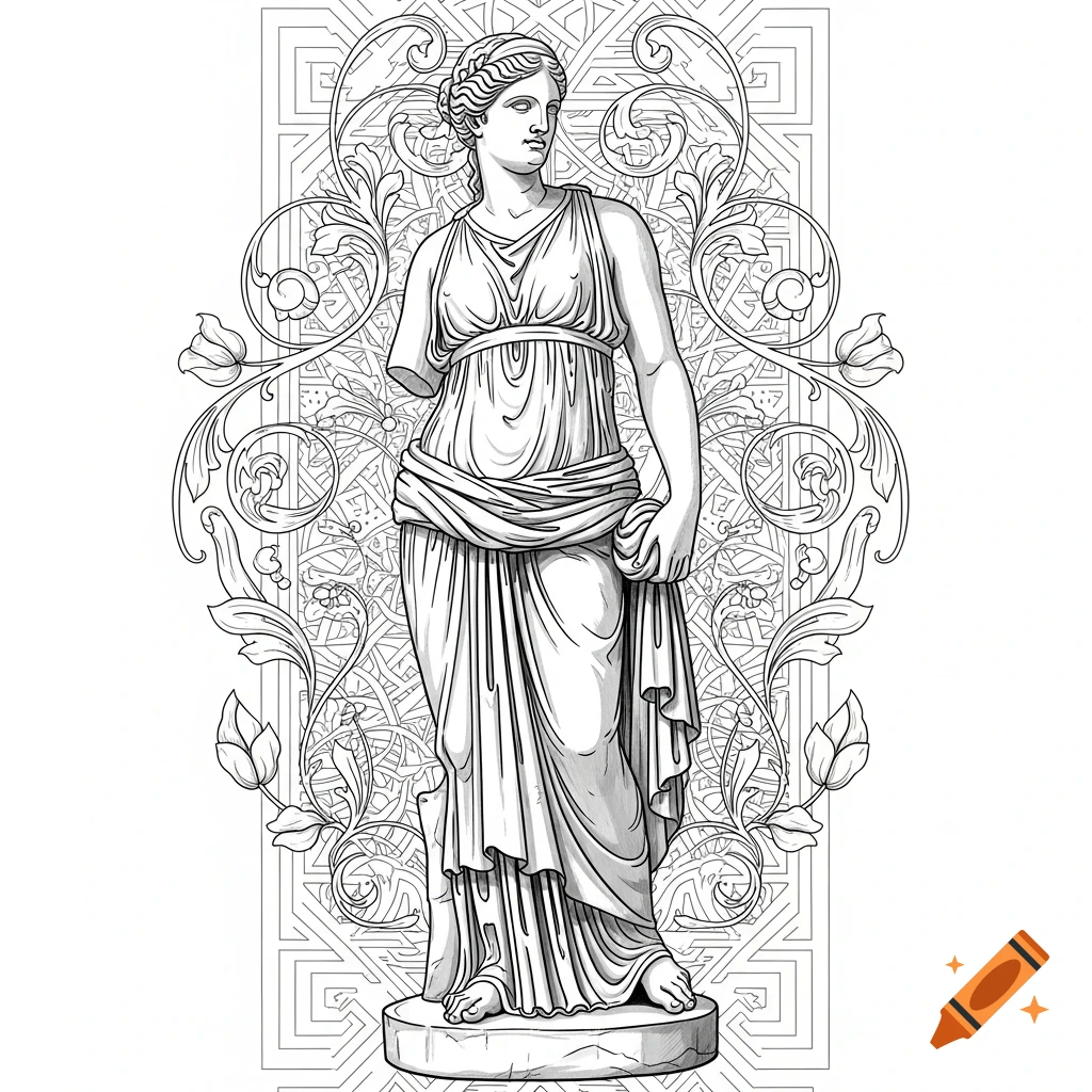 Black and white line art drawing of a classical female statue with a missing arm, against an ornate background.