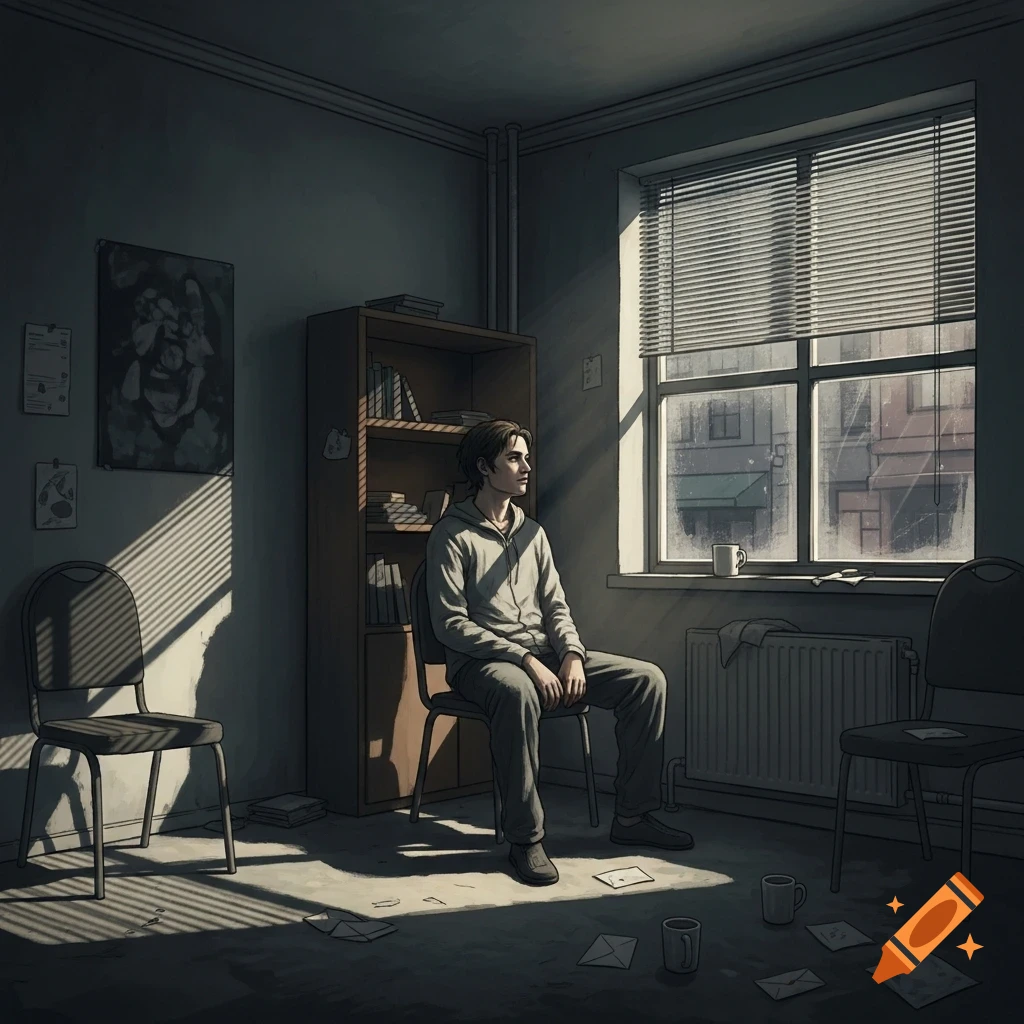 An illustration of a young man sitting alone in a dimly lit room, gazing out a window, with sunlight streaming through blinds.
