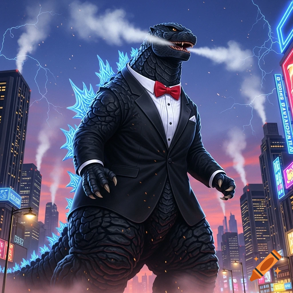 Giant Godzilla in a black tuxedo and red bow tie, exhaling smoke in a neon-lit city with lightning in the sky, realistic style.