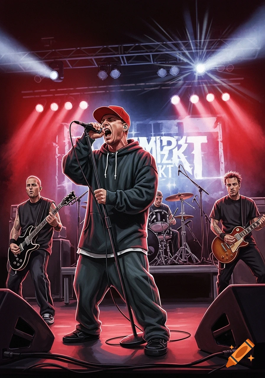 An illustrative image of a band performing on stage under red and white spotlights. The lead singer, wearing a red cap and dark hoodie, shouts into a microphone, flanked by guitarists and a drummer in the background.