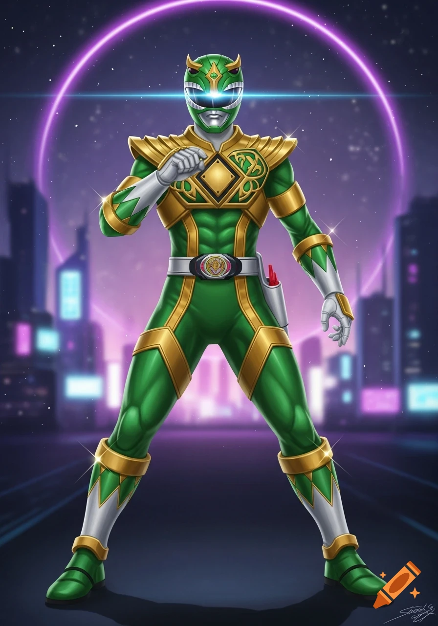 A vibrant green and gold Power Ranger stands in a dynamic pose before a futuristic city skyline with a glowing purple ring.