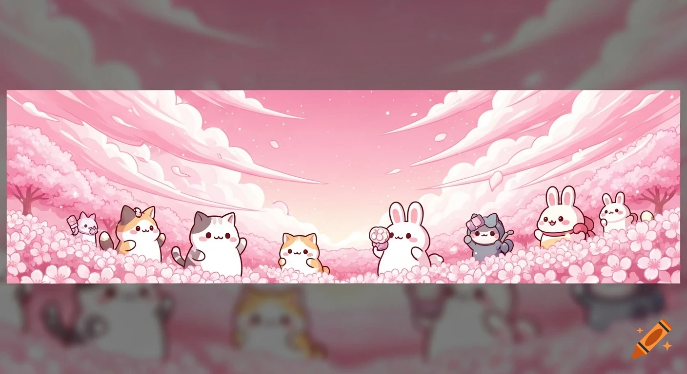 Cute cartoon cats and bunnies in a pink landscape filled with cherry blossoms, designed as a banner.