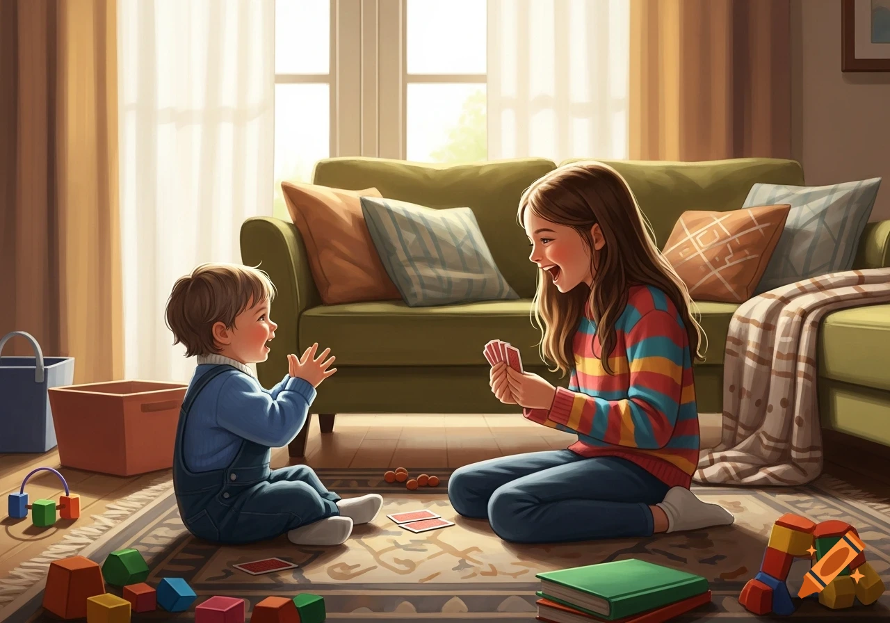 An older sister with a colorful striped sweater plays cards with her younger brother, who claps, on a rug in a sunlit living room with toys.