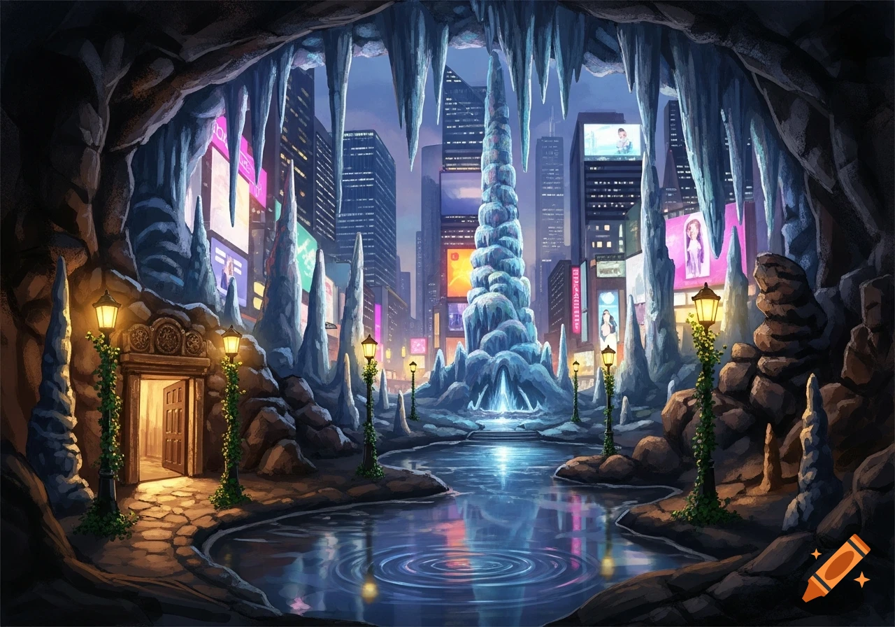 A fantasy dripstone cave with illuminated ice formations, a lamplit path, and a reflective pool, looking out onto a modern city with neon billboards.
