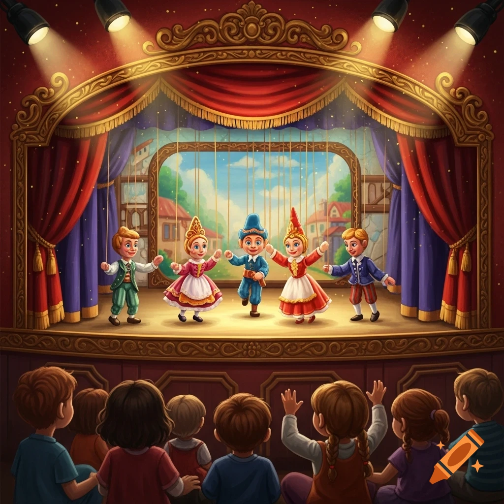 Children watch a colorful puppet show on an ornate stage featuring five costumed puppet characters.