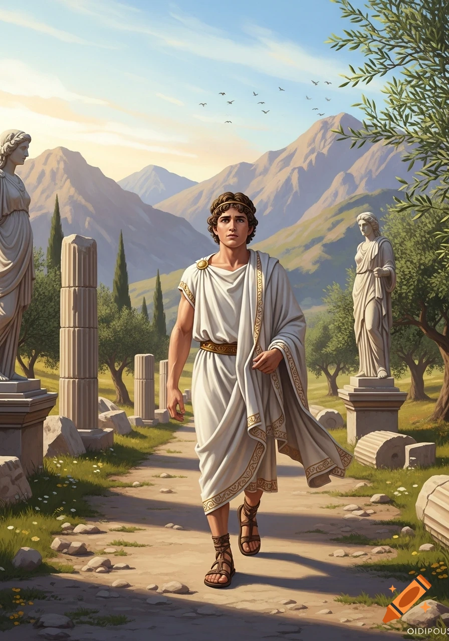A young man in a white toga walks through ancient Greek ruins with statues and mountains under a clear sky, in an artistic style.