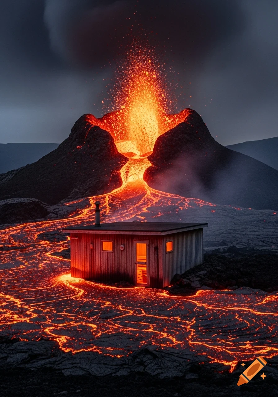 A rustic wooden sauna building is surrounded by glowing orange lava flowing from an erupting volcano under a dark, cloudy sky.