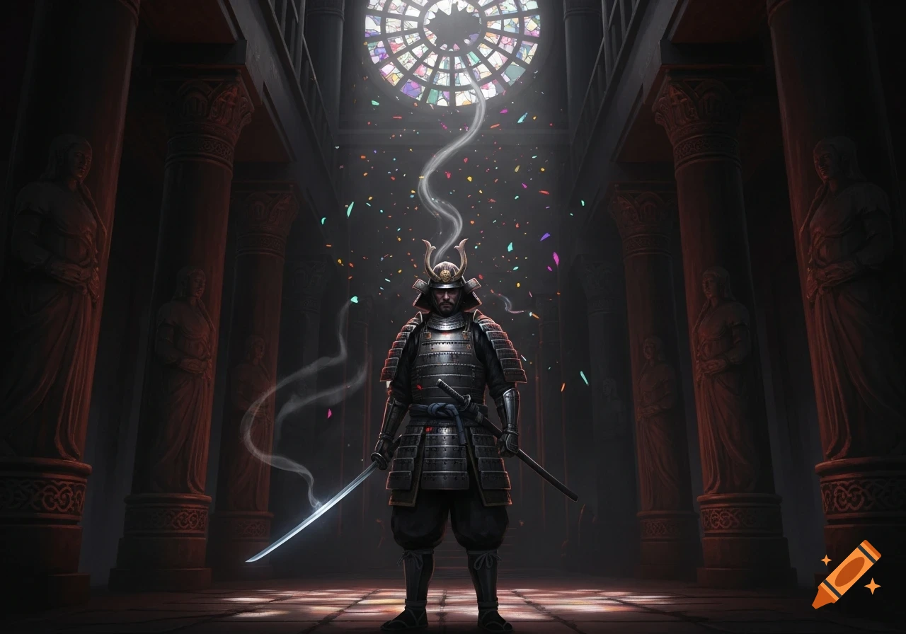 A samurai stands in a dark, grand temple with a glowing stained glass window and confetti falling. Dramatic illustration.