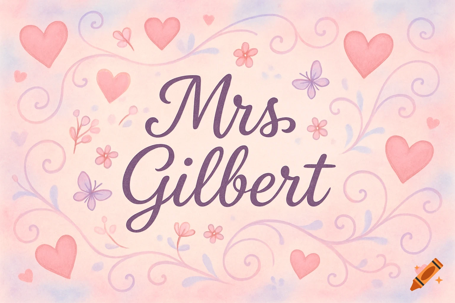Watercolor background with 'Mrs. Gilbert' in script, surrounded by pink hearts, purple butterflies, and floral swirls.
