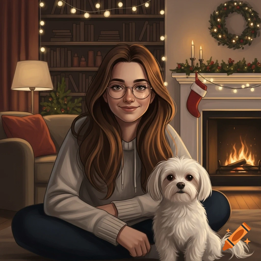 Illustrated young woman with glasses and a white Maltese dog in a cozy, Christmas-decorated living room with a fireplace.