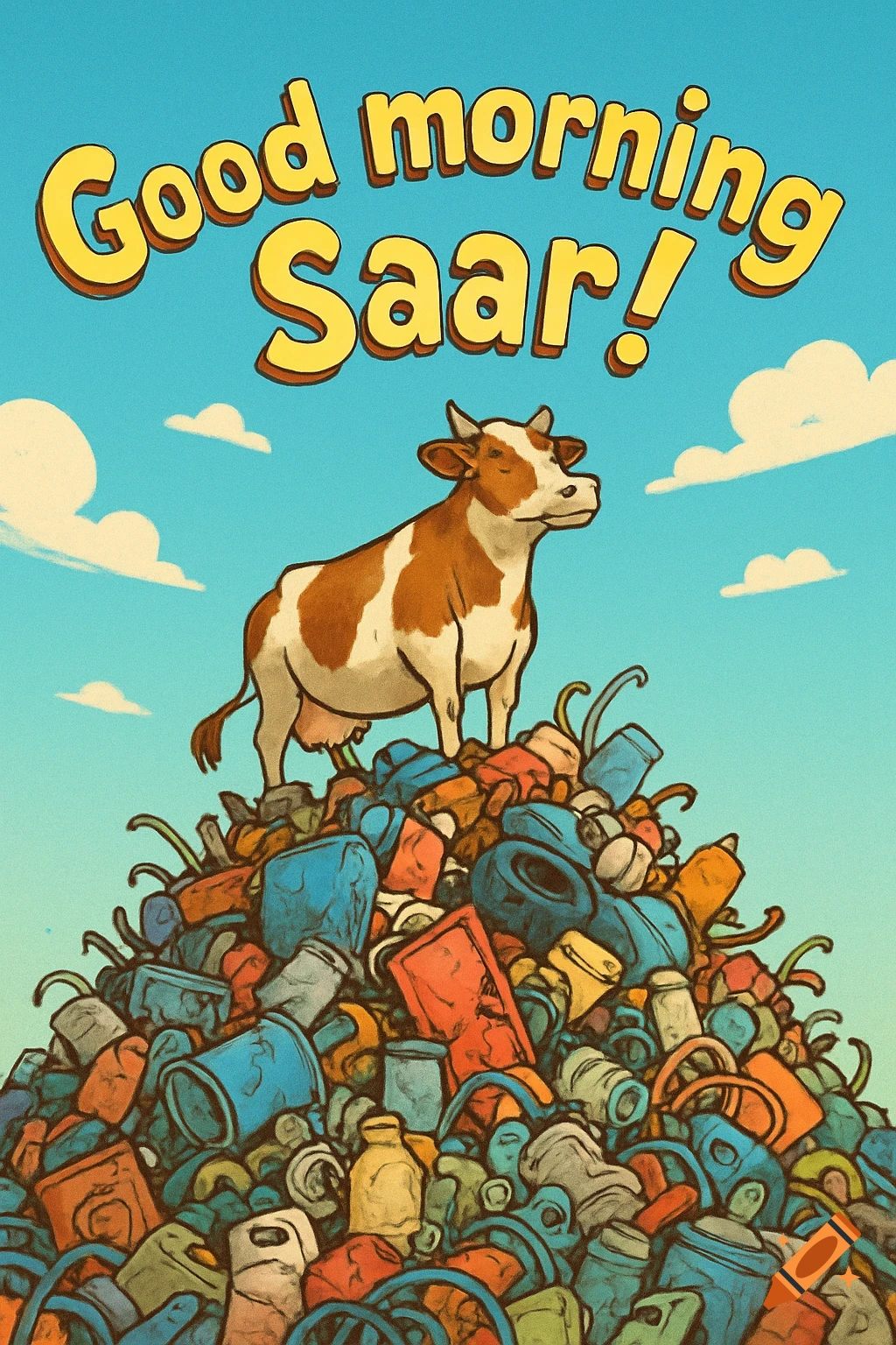 Cartoon illustration of a cow standing atop a huge pile of colorful trash under a blue sky, with 'Good morning Saar!' text.