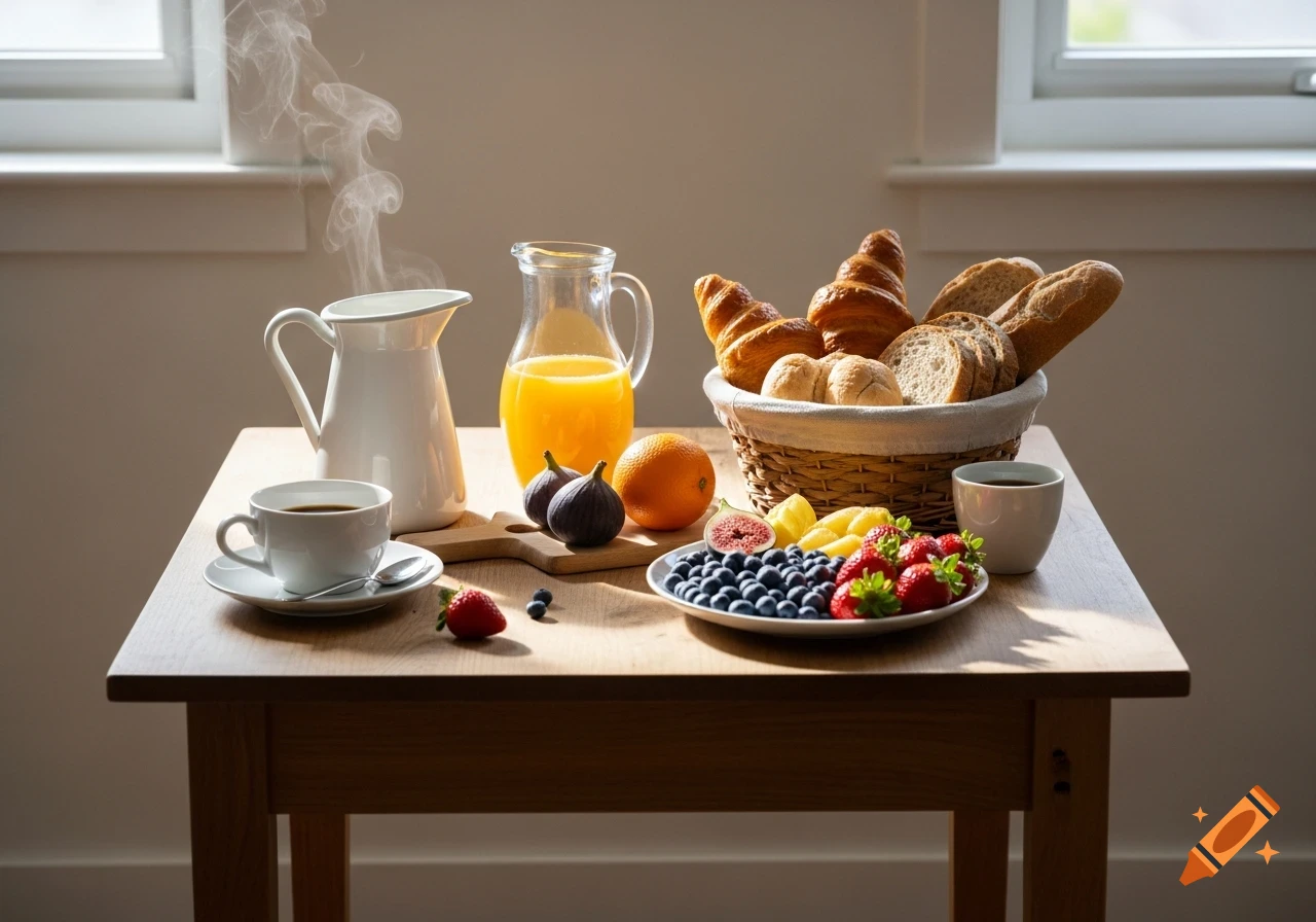 A photorealistic image of a wooden table laden with a breakfast spread including coffee, orange juice, a bread basket, and a plate of fresh berries and figs, lit by sunlight from a window.