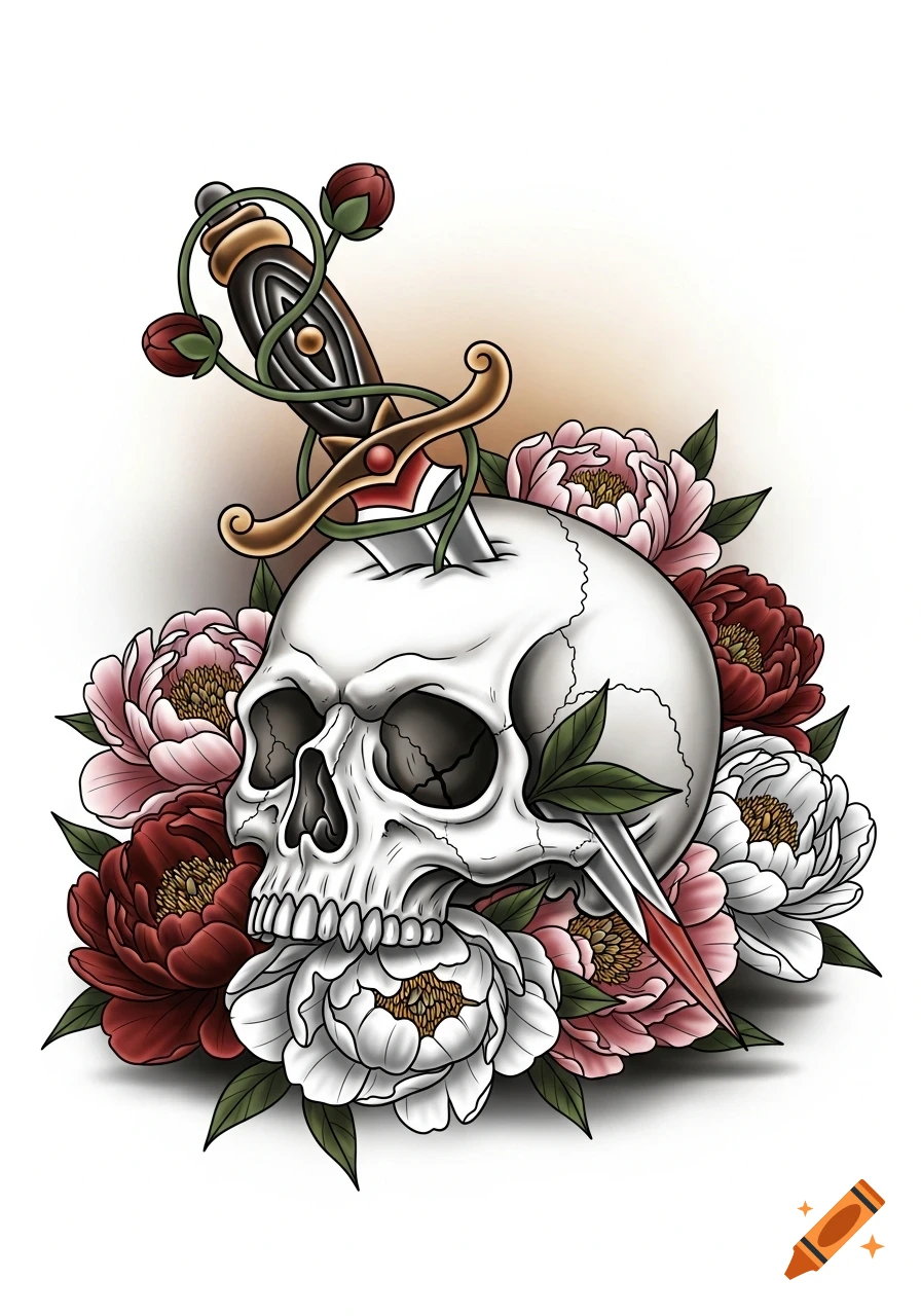 An American traditional tattoo style illustration of a white skull with a dagger plunged into its top, surrounded by pink and red peonies.