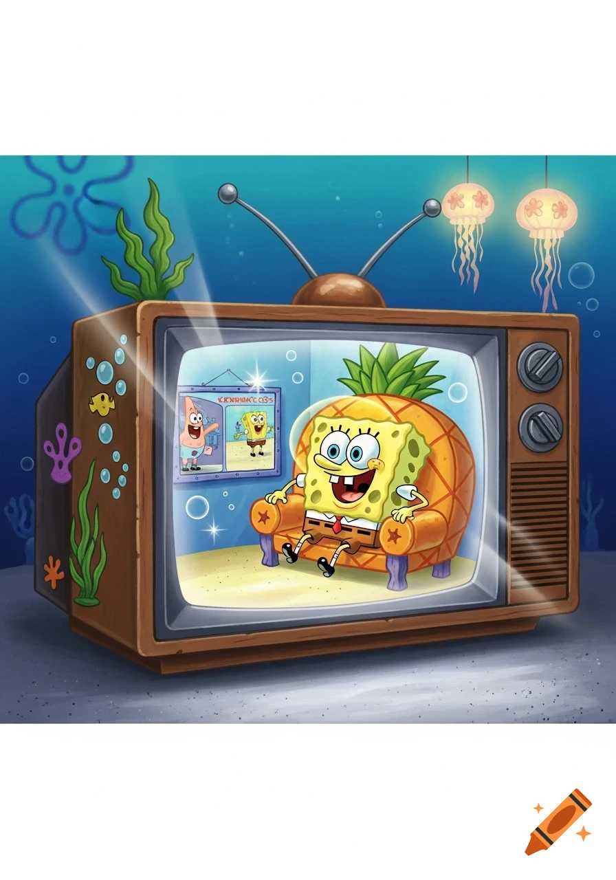 Spongebob Squarepants sits on an orange armchair inside a CRT TV, watching a picture of himself and Patrick on a screen, in an underwater setting.