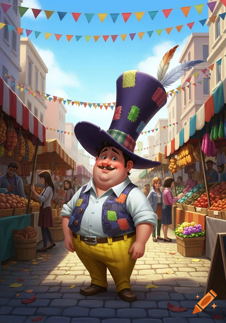 A plump, jovial man with a mustache and a huge, patched purple top hat stands in a vibrant outdoor market with colorful bunting overhead.