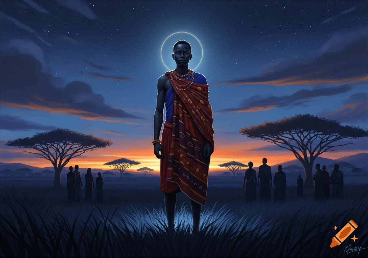Illustrative painting of a young Black man in traditional attire with a halo, standing in a savanna at sunset with acacia trees and silhouetted figures.