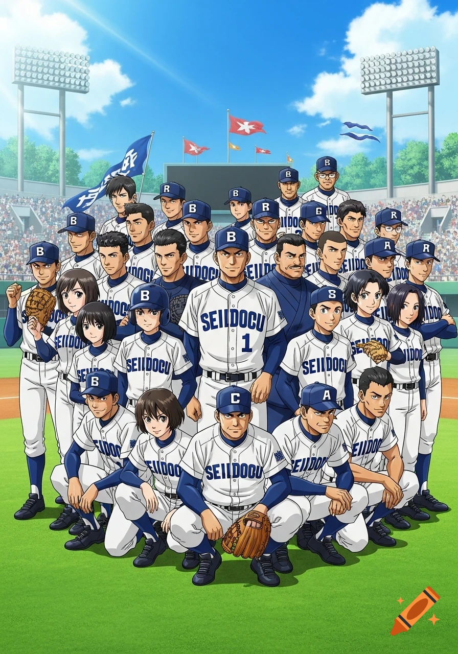 A large group of anime-style baseball players and coaches in blue and white uniforms pose on a green field in front of a stadium.