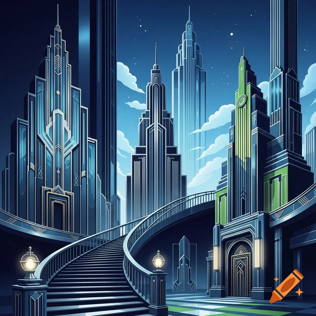 Stylized Art Deco cityscape with tall ornate buildings in blue and green, featuring a grand curving staircase.