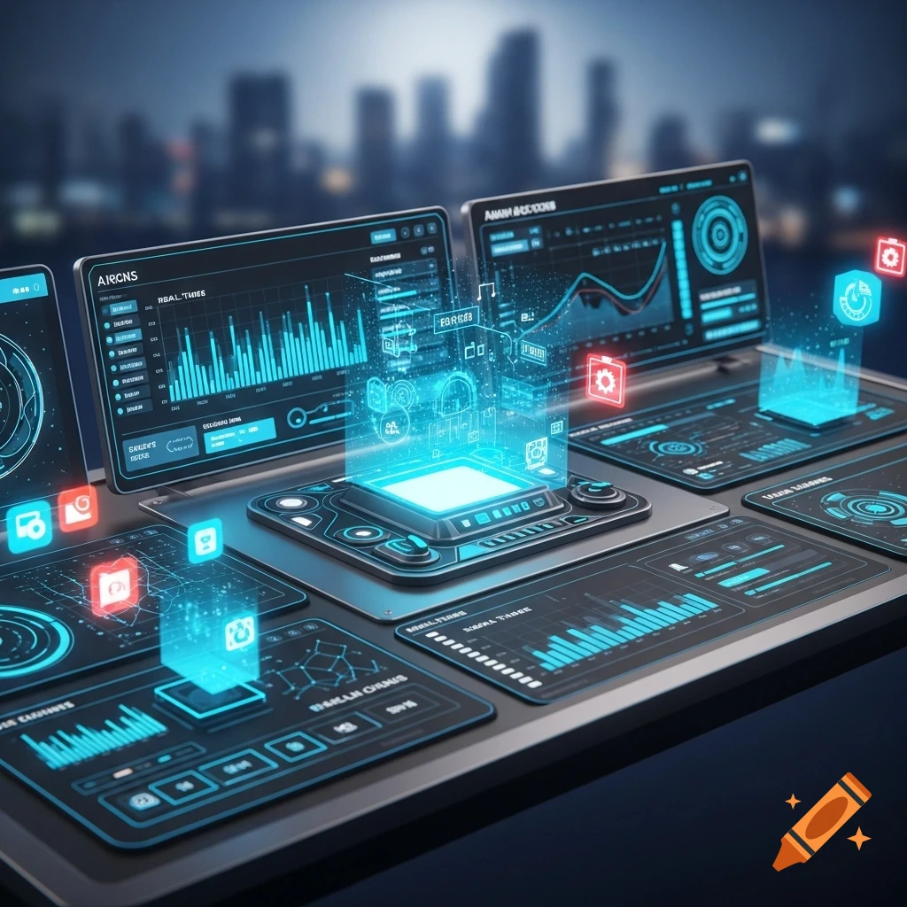 A futuristic digital dashboard with glowing blue holographic interfaces displaying data visualizations and charts against a blurred city skyline.