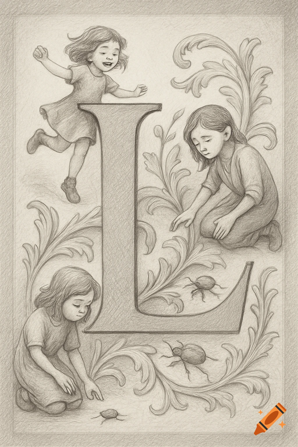 Pencil drawing of a large capital letter L. A happy child jumps near the top, while two others observe beetles by the base, surrounded by decorative swirls.
