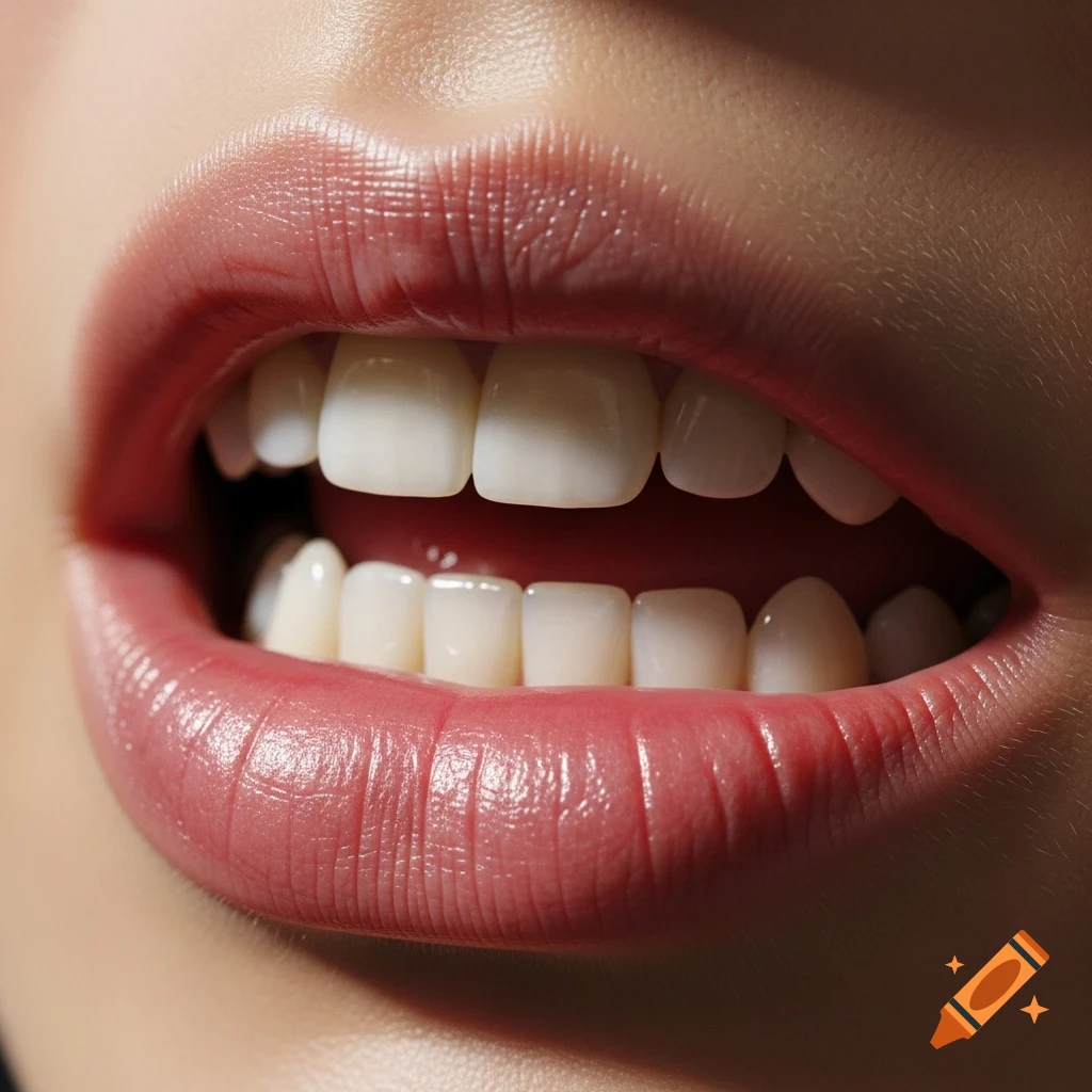 Close-up photorealistic image of a human mouth slightly open, showing healthy white teeth and plump pink lips.