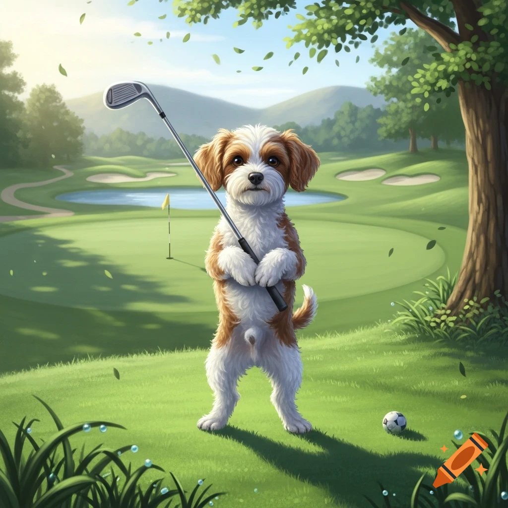 A cute, fluffy dog stands on a golf course holding a golf club, with a pond and trees in the background.