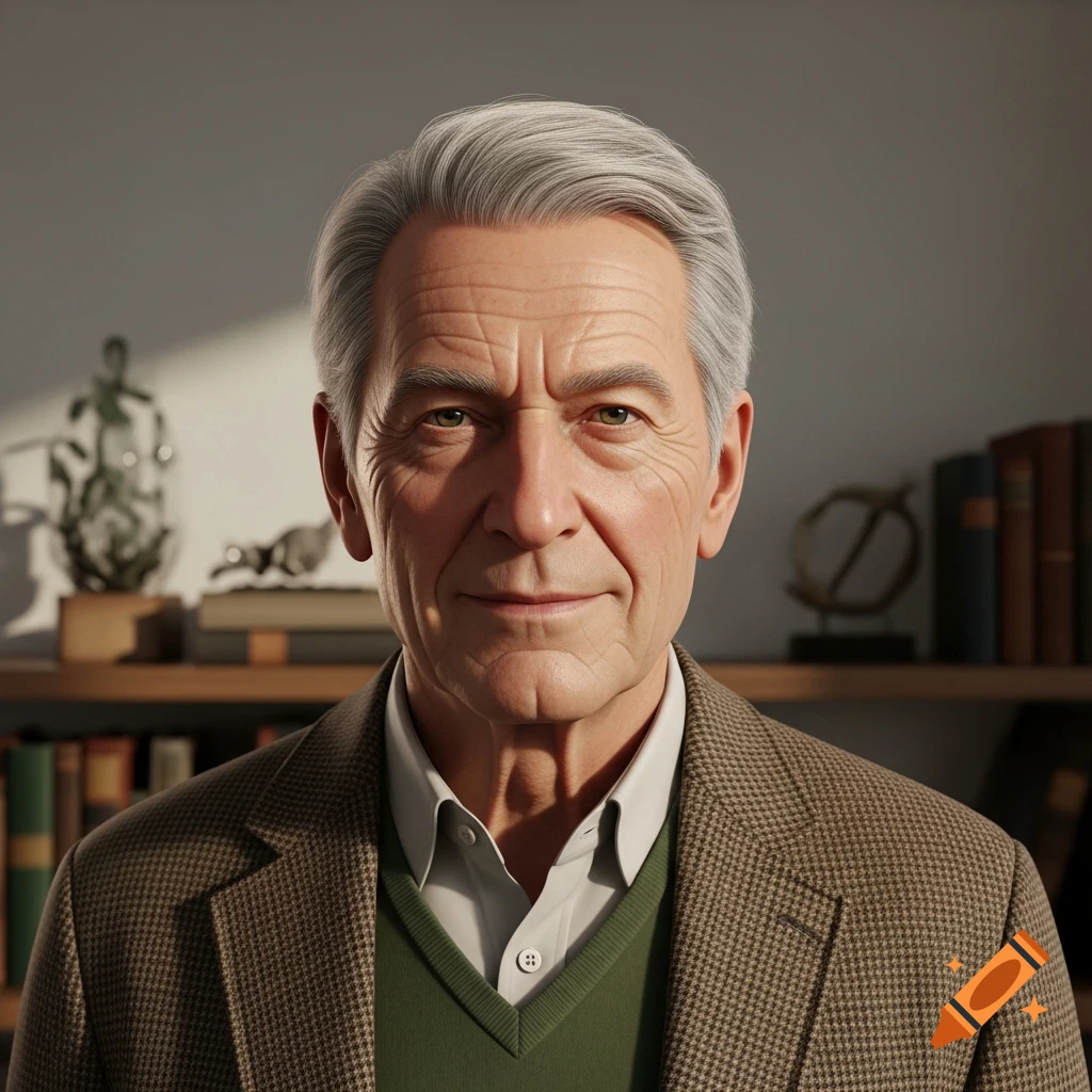 Photorealistic close-up portrait of an older man with gray hair in a brown tweed jacket and green sweater, smiling subtly in a study.
