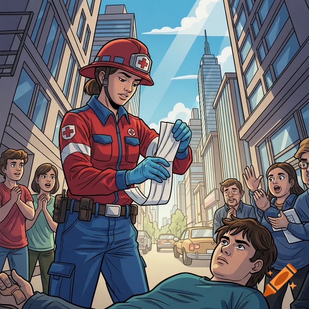 A female first responder assists an injured man on a city street as onlookers watch, in a comic book style.
