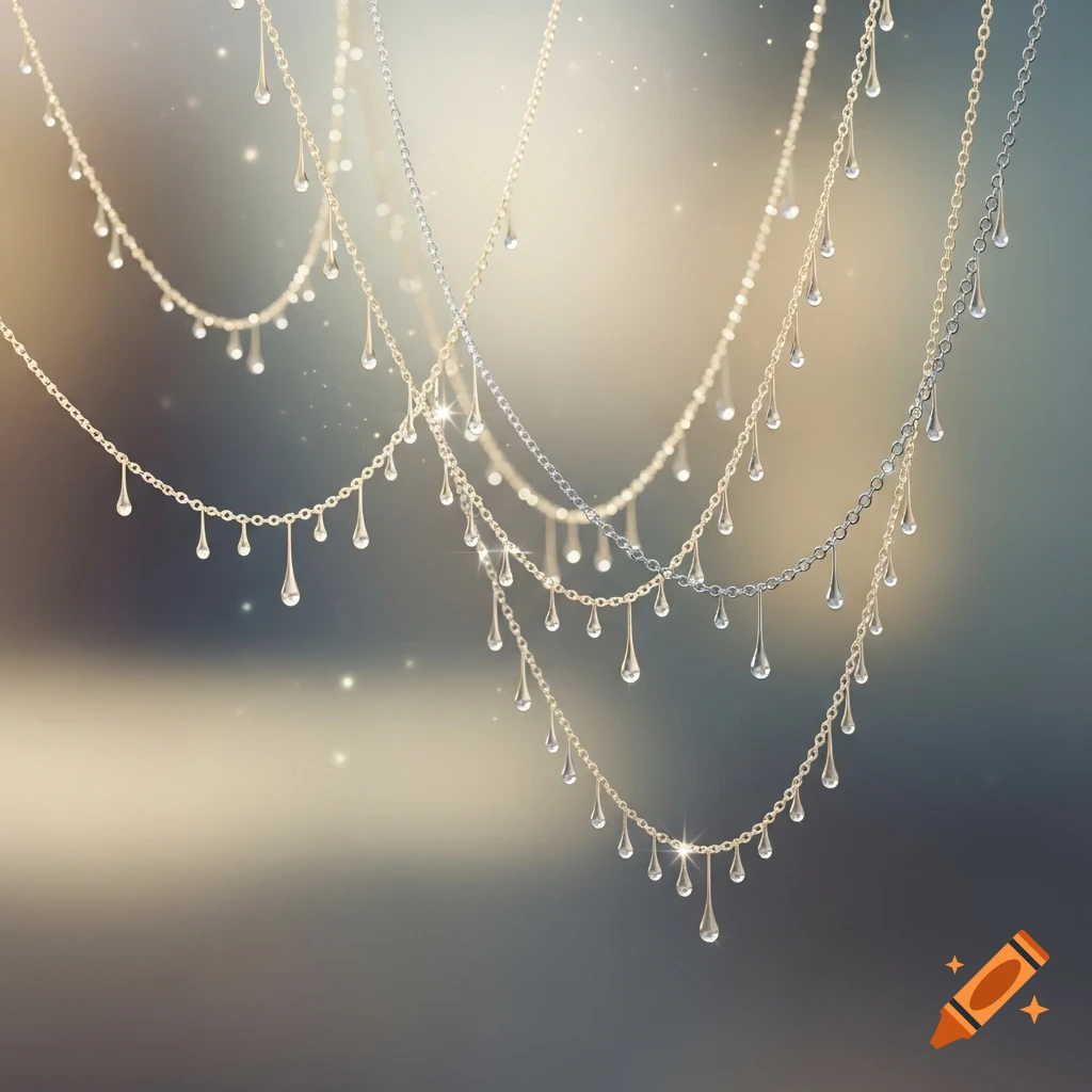 Multiple strands of gold and silver chains with clear teardrop beads resembling water drops, against a blurred, sparkling background.
