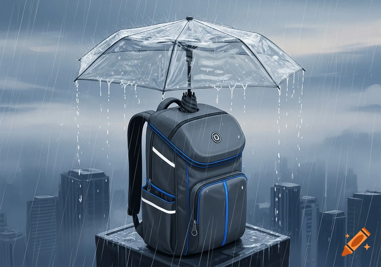 A stylized gray and blue backpack with a clear open umbrella attached, standing on a wet ledge in heavy rain with a blurred cityscape in the background.