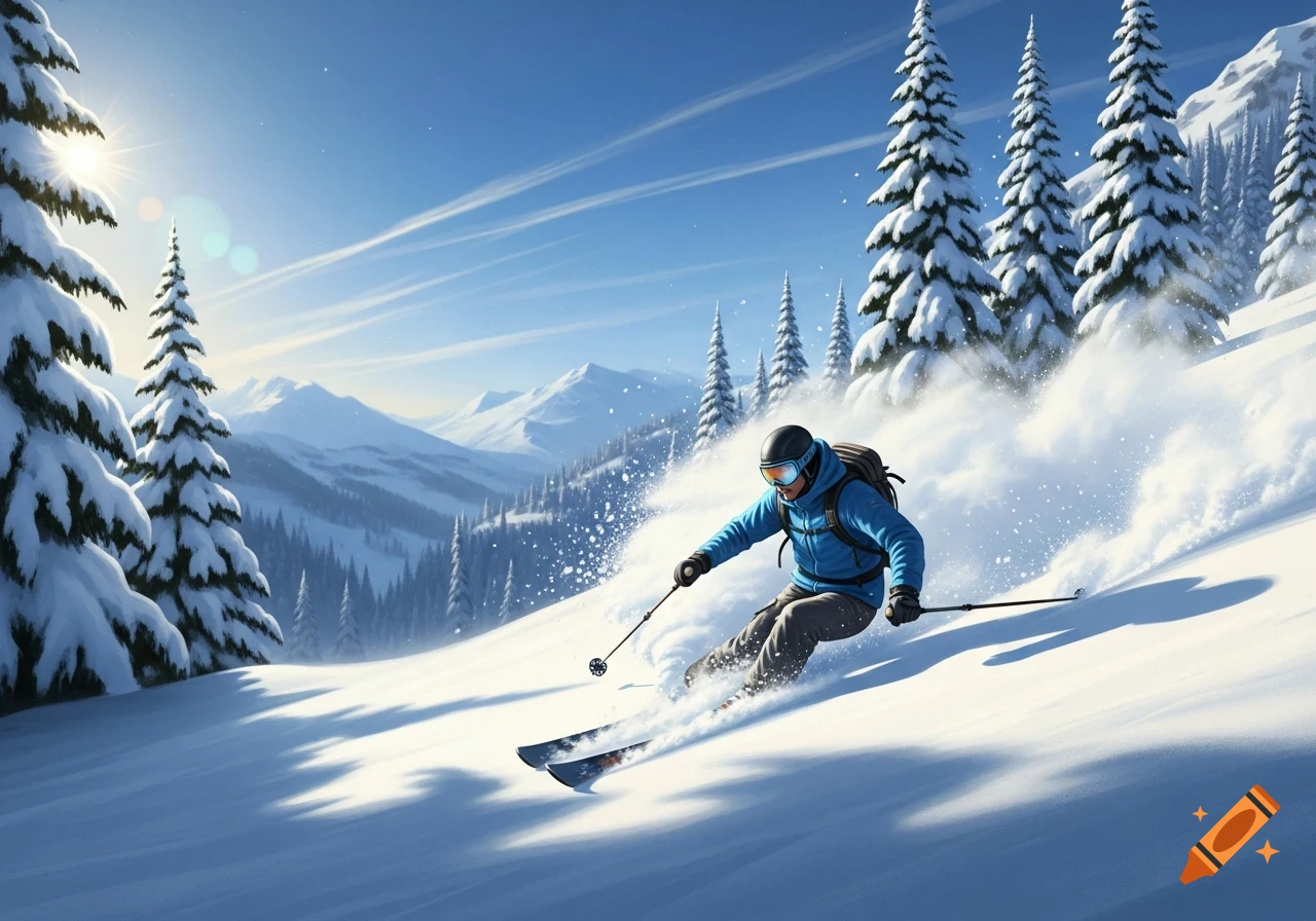 A person in a blue jacket skis down a snowy mountain slope, surrounded by snow-covered evergreen trees under a bright blue sky.