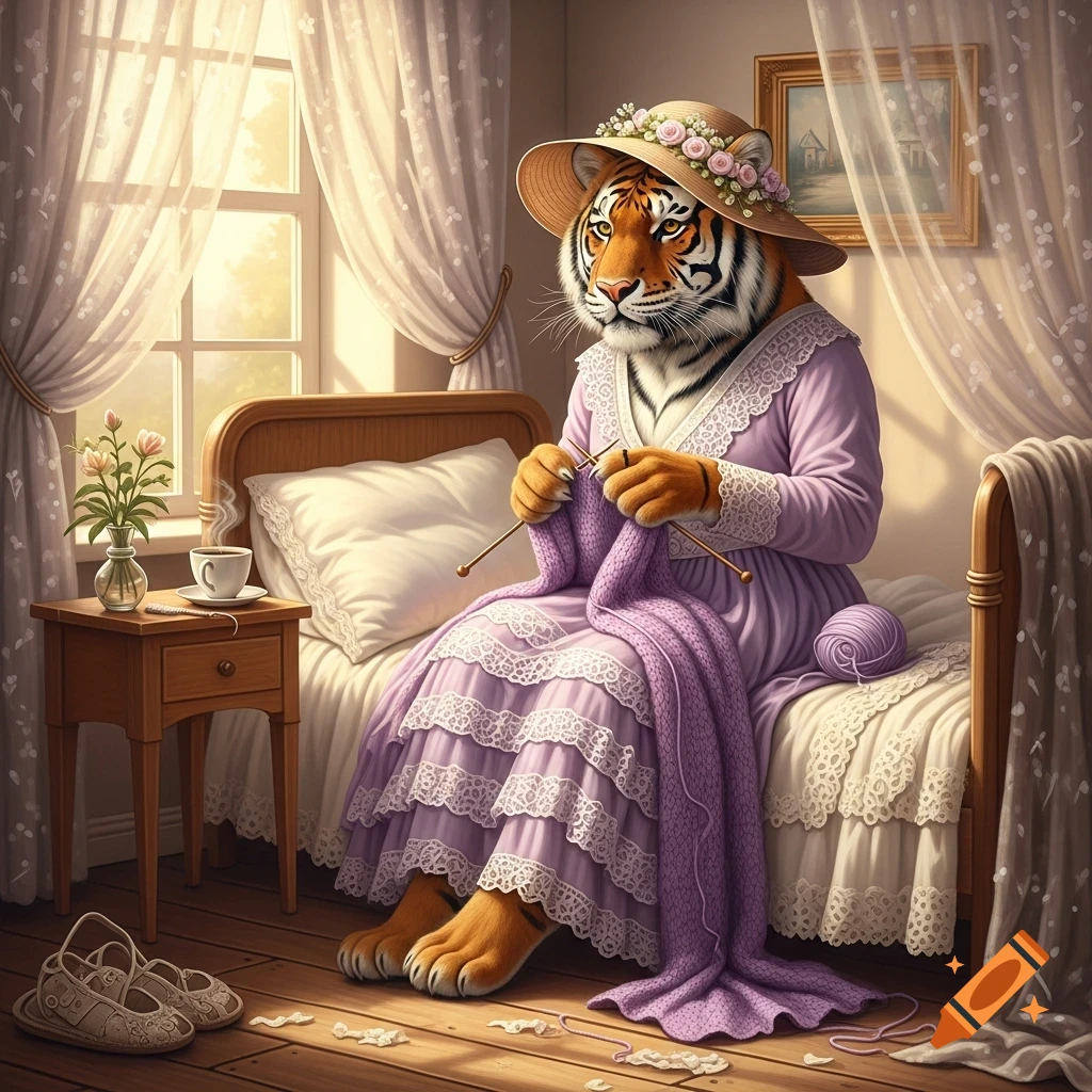 An anthropomorphic tiger in a hat and purple dress knits on a bed in a sunlit room, with a cup of coffee nearby.