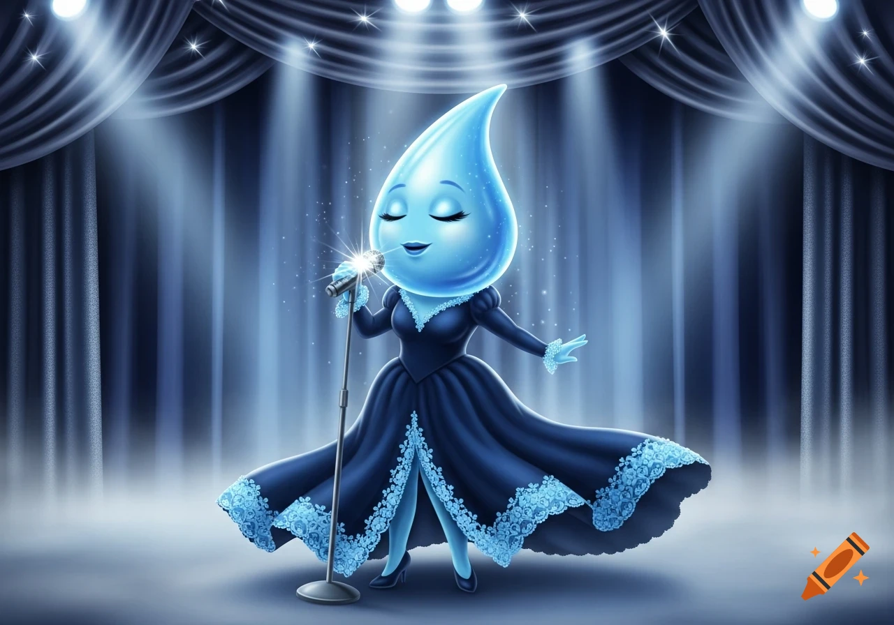 A blue water drop character in a dark blue dress with lace sings on a spotlighted stage.