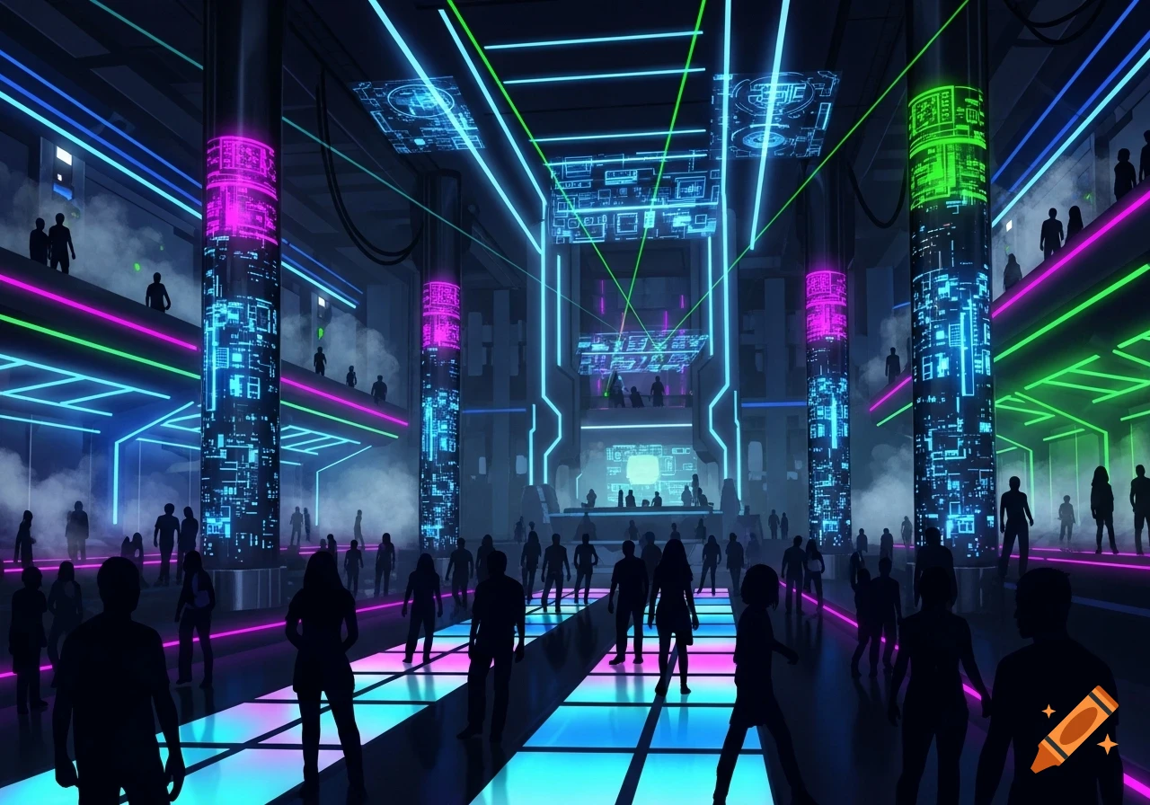 A futuristic sci-fi nightclub interior with silhouetted people, glowing neon lights, and cyberpunk architectural details.