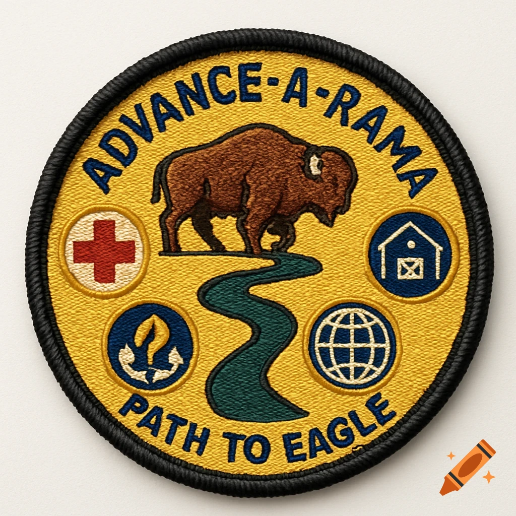 A circular embroidered patch with a brown buffalo on a green river, surrounded by 'ADVANCE-A-RAMA' and 'PATH TO EAGLE' text, and four merit badge icons on a gold background.