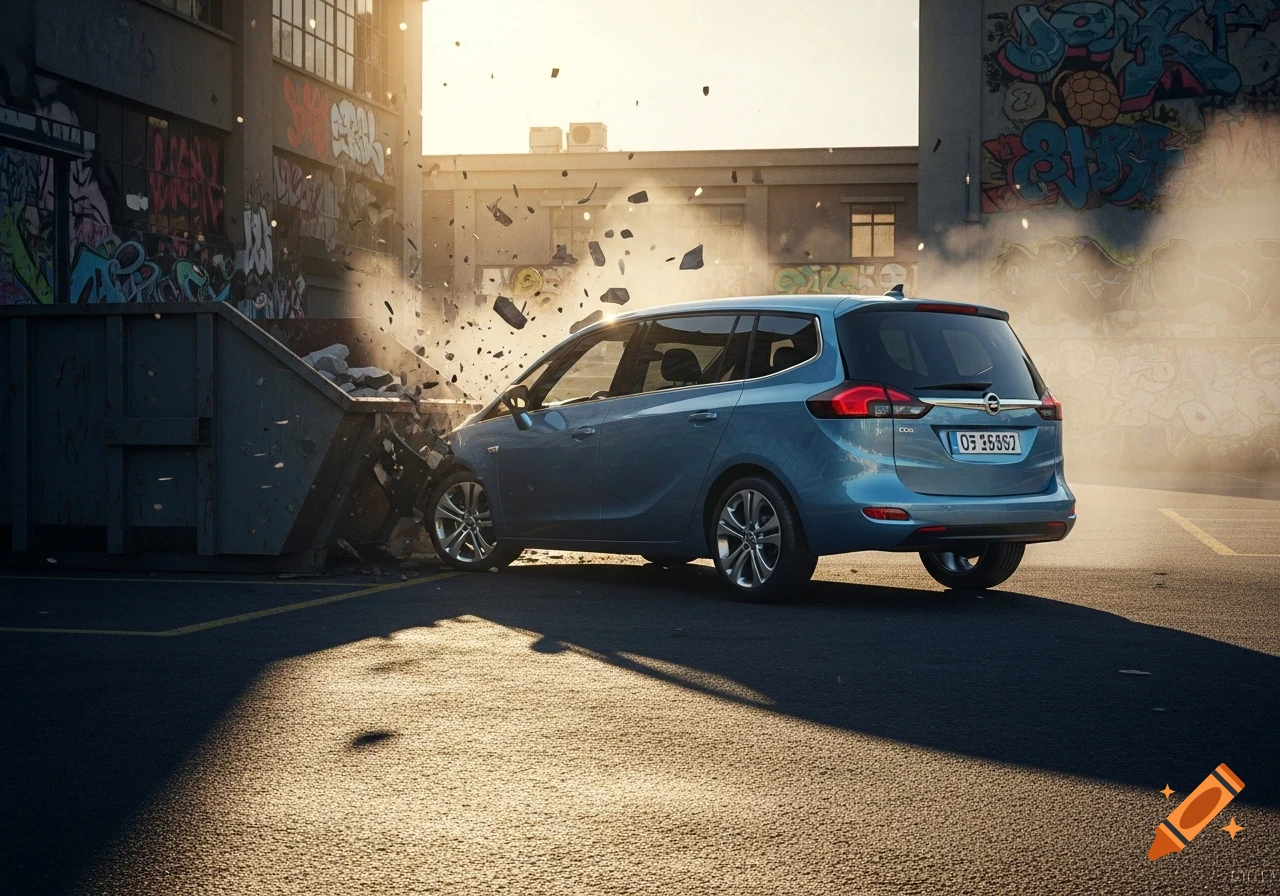 A light blue Opel Zafira minivan appears to be backing into a large metal dumpster in an urban setting with graffiti-covered walls.
