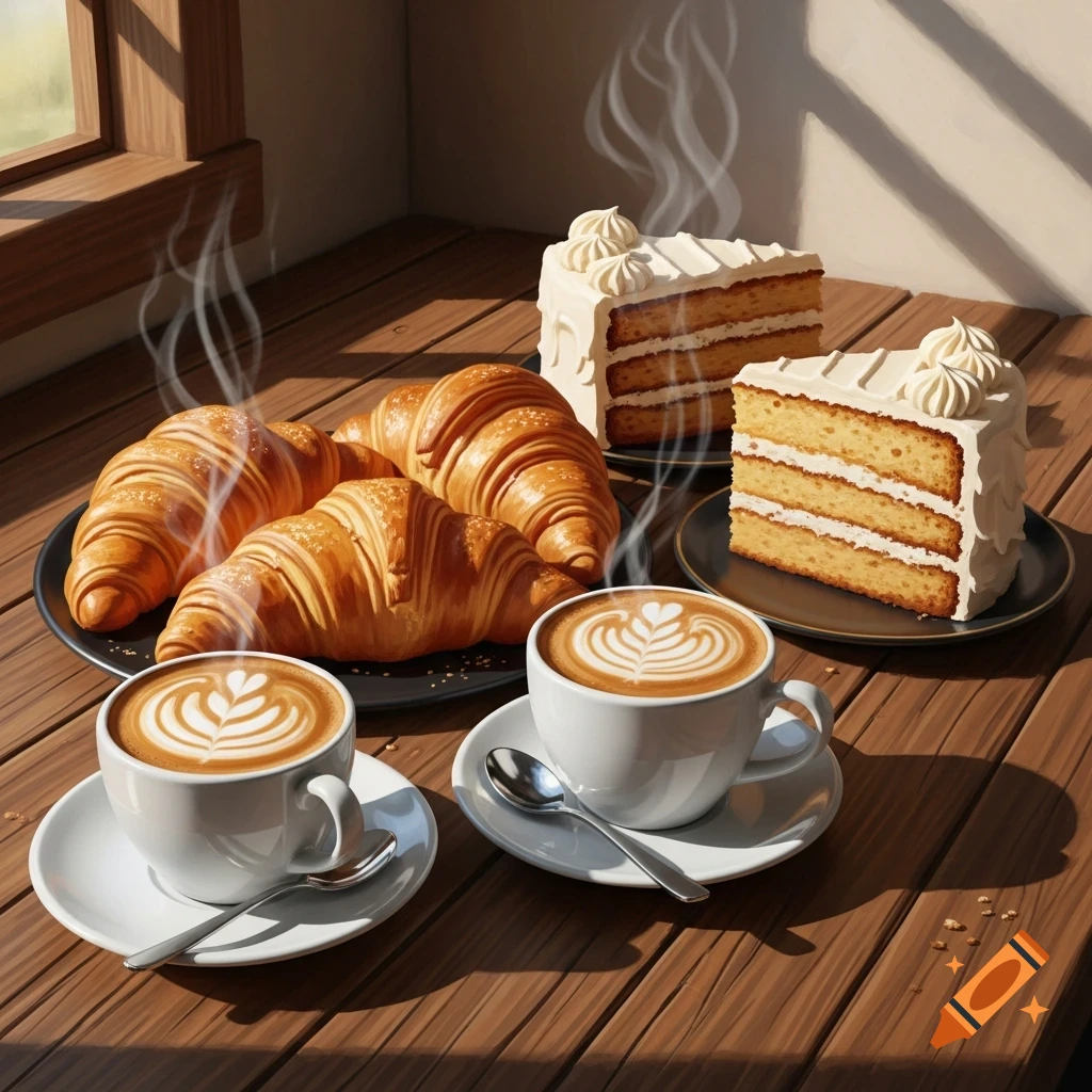 Photorealistic image of croissants, slices of cake, and two cups of hot coffee with latte art on a wooden table near a sunny window.