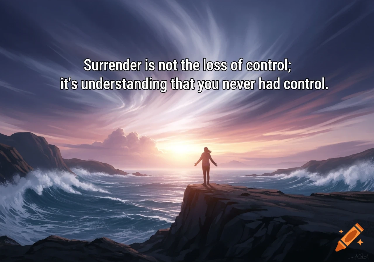 A person stands on a cliff overlooking a vast ocean with large waves and a vibrant sunset, an inspirational quote floats above.