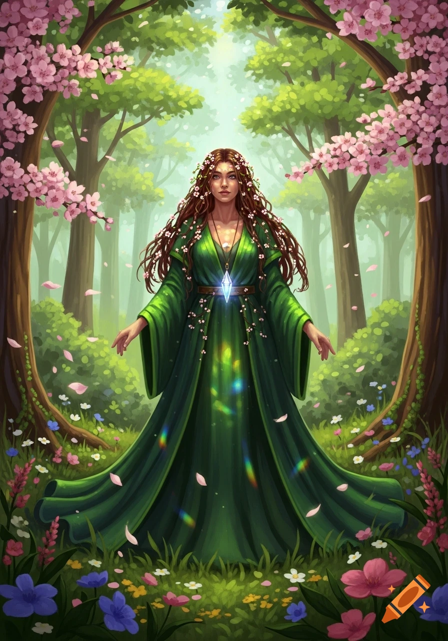 A fantasy illustration of a nature witch in a green gown with a glowing pendant, standing amidst cherry blossoms and wildflowers in a magical forest.
