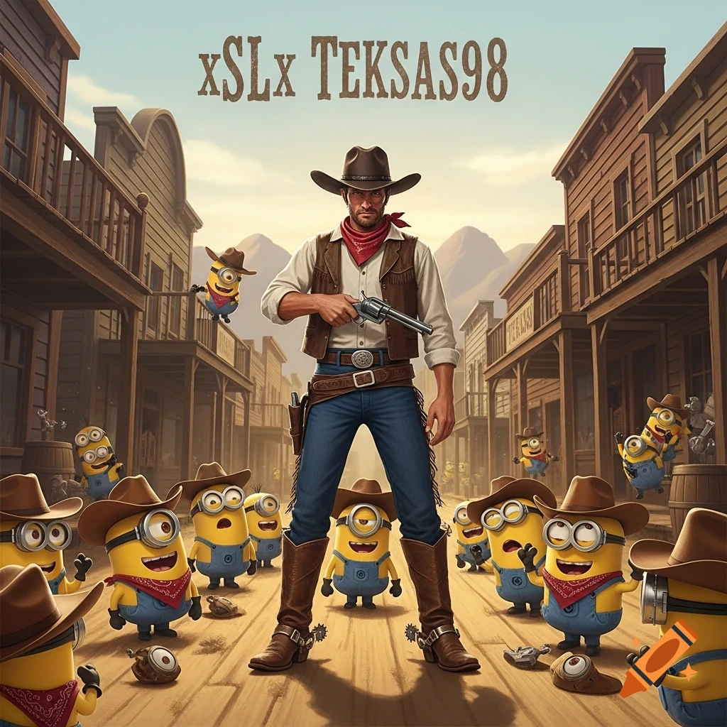 A cowboy holding a revolver stands in a Western town, surrounded by many cowboy-hat-wearing Minions. Text: "xSLx TEKSAS98".