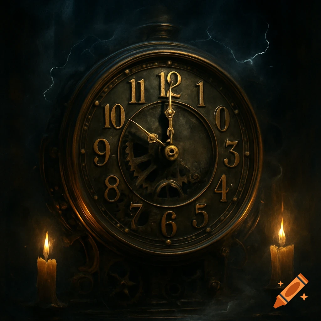 A dark, atmospheric image of an ornate, antique clock face with gold numbers, illuminated by two flickering candles and lightning in the background.