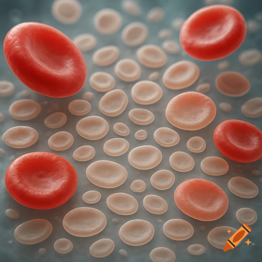 A microscopic view of numerous red and pale, disc-shaped blood cells floating in a light blue fluid.