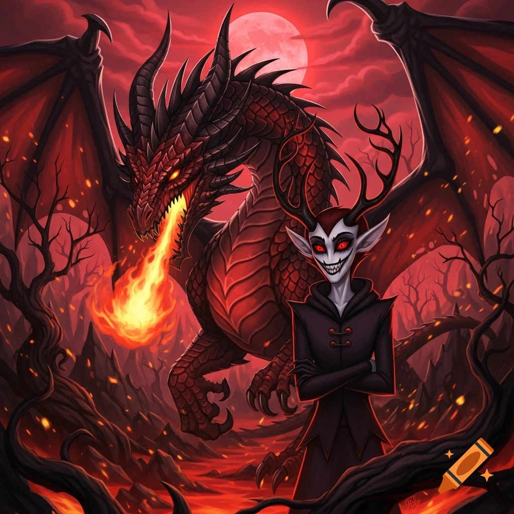 Dark fantasy illustration of a red dragon breathing fire next to a pale, grinning demon with antlers in a fiery landscape under a red moon.