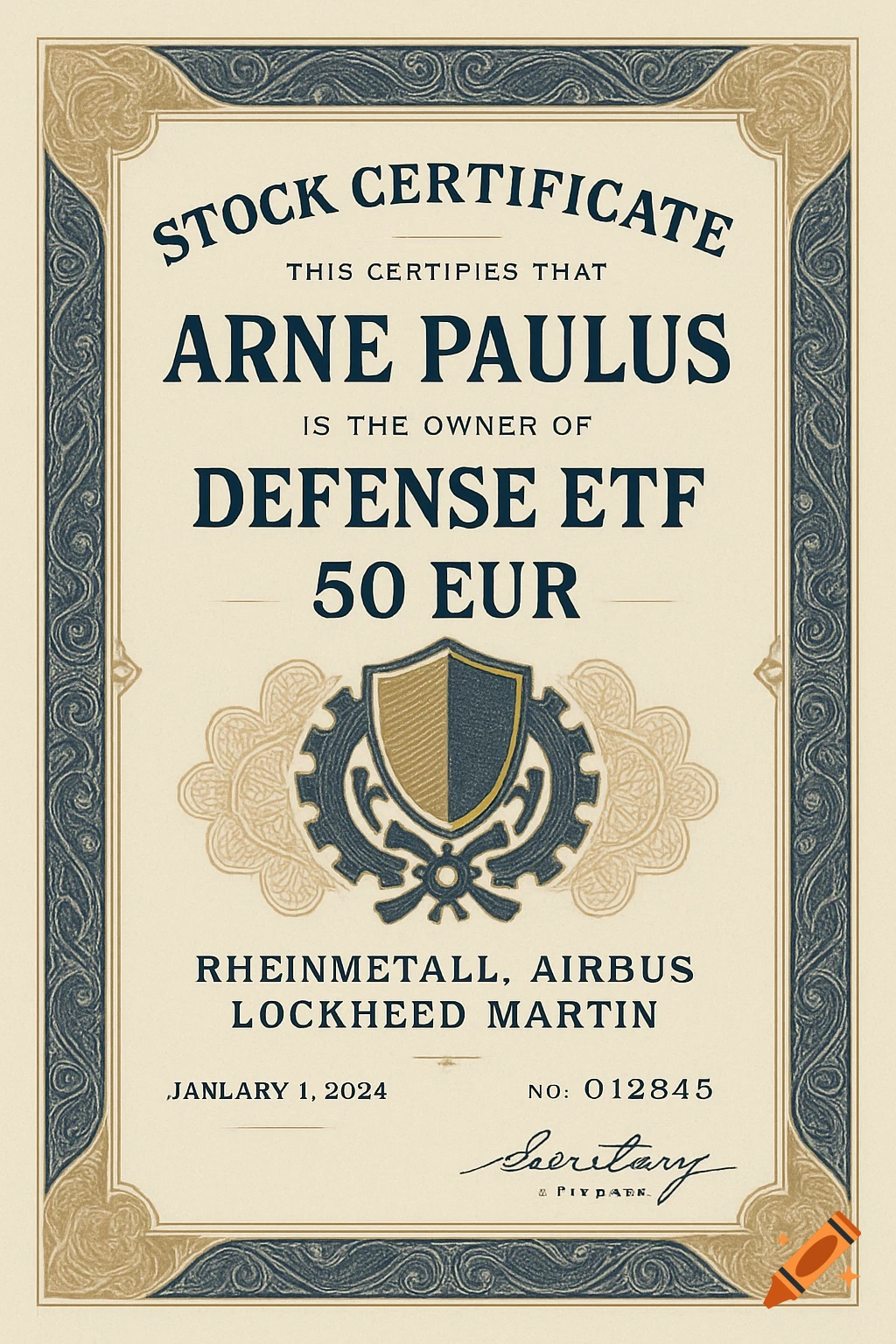 A vintage-style stock certificate for Arne Paulus, signifying ownership of a Defense ETF worth 50 EUR.