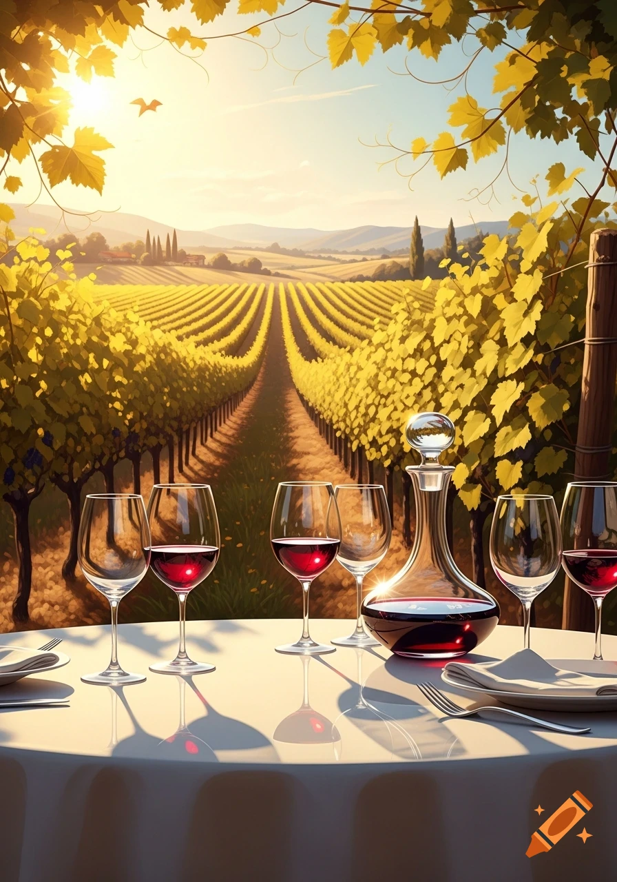 A table with wine glasses and a decanter foregrounds a sunny vineyard landscape with rows of grapevines and distant hills, digital art.