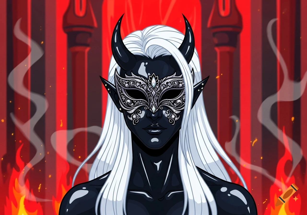 Cartoon portrait of a demon with black, glass-like skin, white hair, and black horns, wearing a silver masquerade mask against a red fiery background.