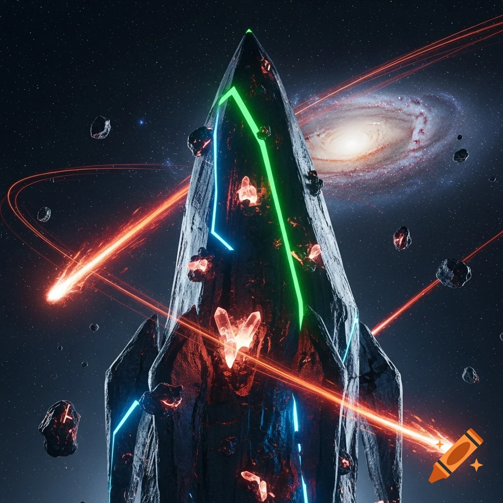 A futuristic dark crystal spaceship with glowing green and blue lines navigates through space, surrounded by red energy trails, asteroids, and a spiral galaxy.